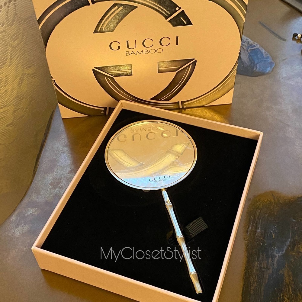 New GUCCI Bamboo Handle Dual + Magnifying Mirrors Rare! Large Silver NEW IN BOX